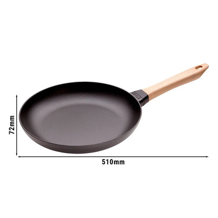 STAUB| Round Bare Cast Iron Frying Pan, Wooden Handle – Ø 28 cm - Black, Smooth Base, No Pour Spout, Hanging Eye