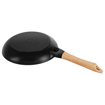 STAUB| Round Bare Cast Iron Frying Pan, Wooden Handle – Ø 28 cm - Black, Smooth Base, No Pour Spout, Hanging Eye