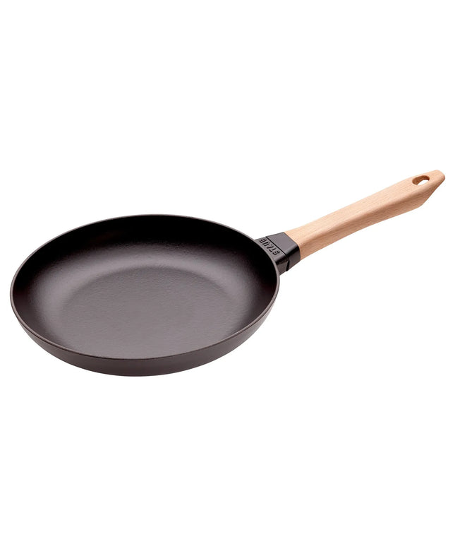 STAUB| Round Bare Cast Iron Frying Pan, Wooden Handle – Smooth Base - Black, No Pour Spout