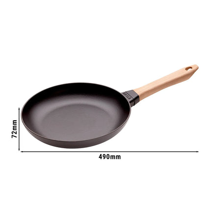 STAUB| Round Bare Cast Iron Frying Pan, Wooden Handle – Smooth Base - Black, No Pour Spout