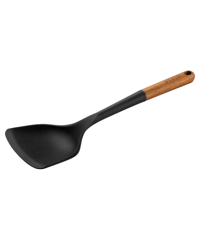 STAUB | Wok Turner Spatula – Silicone – Black – 310mm – Acacia Wood Handle – Non-Stick Safe