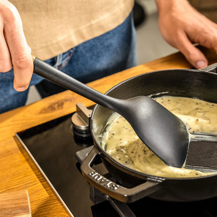 STAUB | Wok Turner Spatula – Silicone – Black – 310mm – Acacia Wood Handle – Non-Stick Safe
