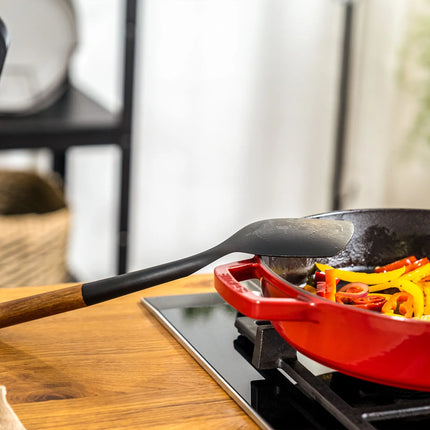 STAUB | Wok Turner Spatula – Silicone – Black – 310mm – Acacia Wood Handle – Non-Stick Safe