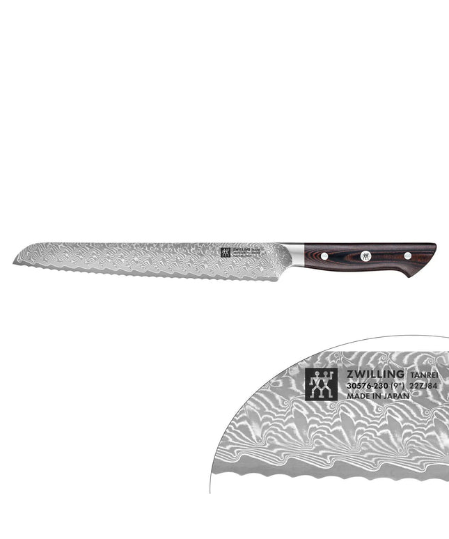 ZWILLING | Tanrei Bread Knife 230 mm – Serrated Edge - Damascus 101-Layer - Brown Micarta Handle