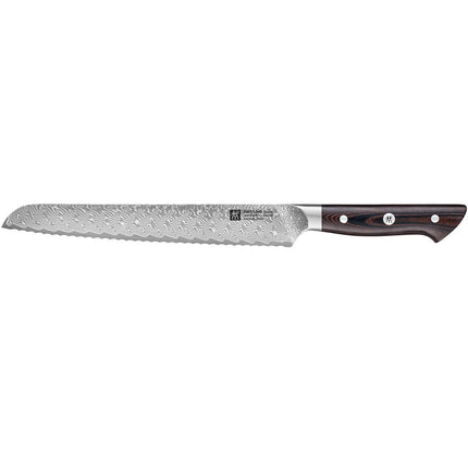 ZWILLING | Tanrei Bread Knife 230 mm – Serrated Edge - Damascus 101-Layer - Brown Micarta Handle
