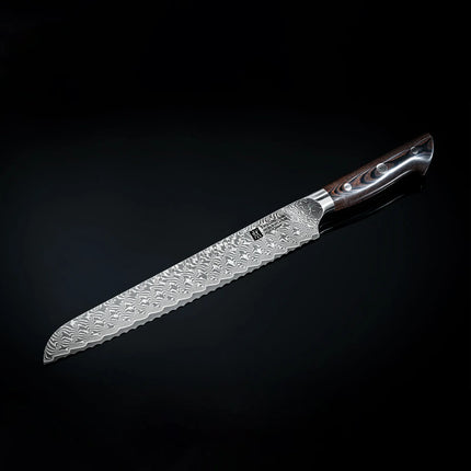 ZWILLING | Tanrei Bread Knife 230 mm – Serrated Edge - Damascus 101-Layer - Brown Micarta Handle