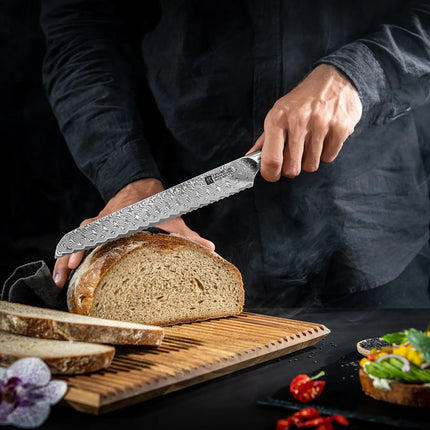 ZWILLING | Tanrei Bread Knife 230 mm – Serrated Edge - Damascus 101-Layer - Brown Micarta Handle