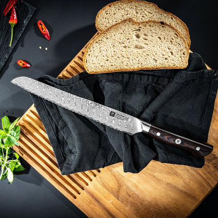 ZWILLING | Tanrei Bread Knife 230 mm – Serrated Edge - Damascus 101-Layer - Brown Micarta Handle