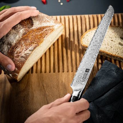 ZWILLING | Tanrei Bread Knife 230 mm – Serrated Edge - Damascus 101-Layer - Brown Micarta Handle