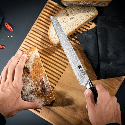 ZWILLING | Tanrei Bread Knife 230 mm – Serrated Edge - Damascus 101-Layer - Brown Micarta Handle