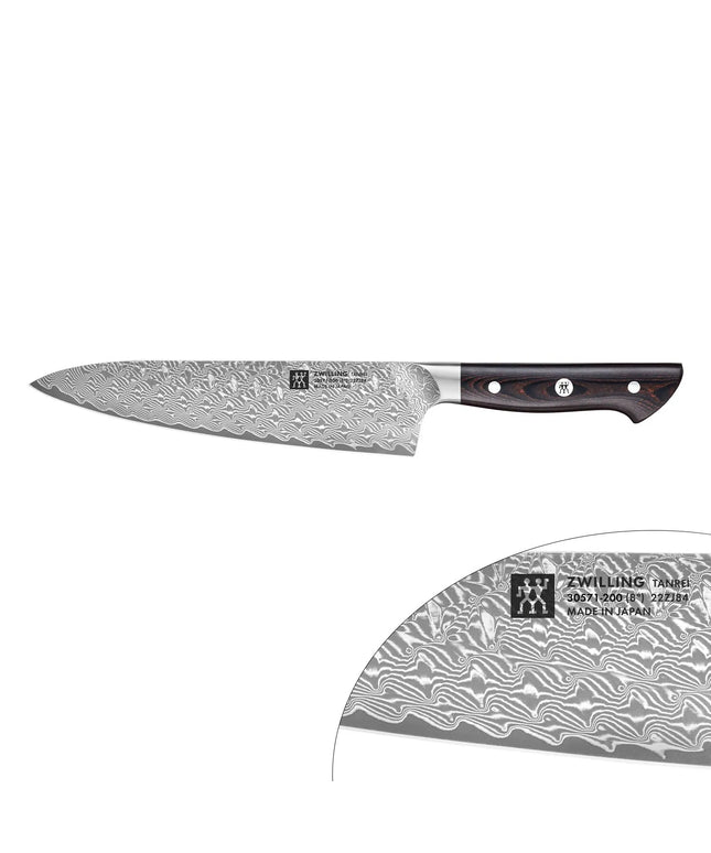 ZWILLING | Tanrei Chef's Knife 200 mm – Straight Edge - Damascus 101-Layer - Brown Micarta Handle