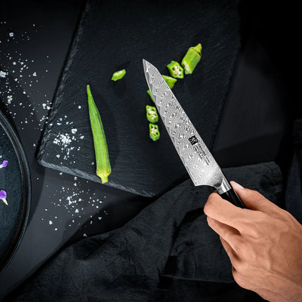 ZWILLING | Tanrei Compact Chef's Knife 140 mm – Plain Edge - Damascus 101-Layer - Brown Micarta Handle