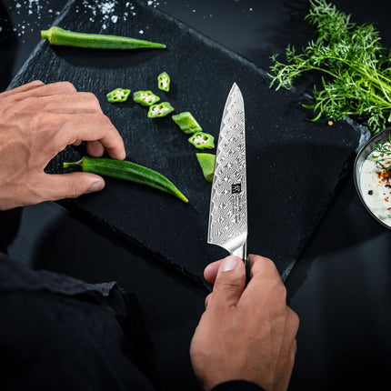 ZWILLING | Tanrei Compact Chef's Knife 140 mm – Plain Edge - Damascus 101-Layer - Brown Micarta Handle