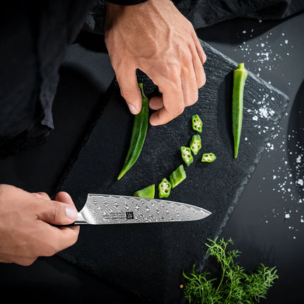 ZWILLING | Tanrei Compact Chef's Knife 140 mm – Plain Edge - Damascus 101-Layer - Brown Micarta Handle
