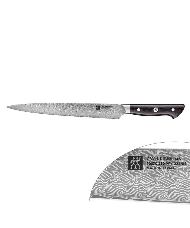 ZWILLING | Tanrei Meat Carving & Slicing Knife – Plain Edge - Damascus 101-Layer - Brown Micarta Handle