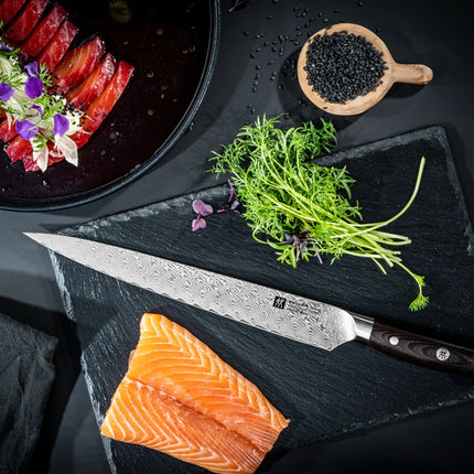 ZWILLING | Tanrei Meat Carving & Slicing Knife – Plain Edge - Damascus 101-Layer - Brown Micarta Handle