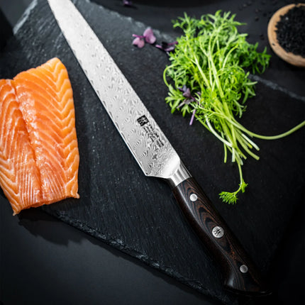 ZWILLING | Tanrei Meat Carving & Slicing Knife – Plain Edge - Damascus 101-Layer - Brown Micarta Handle