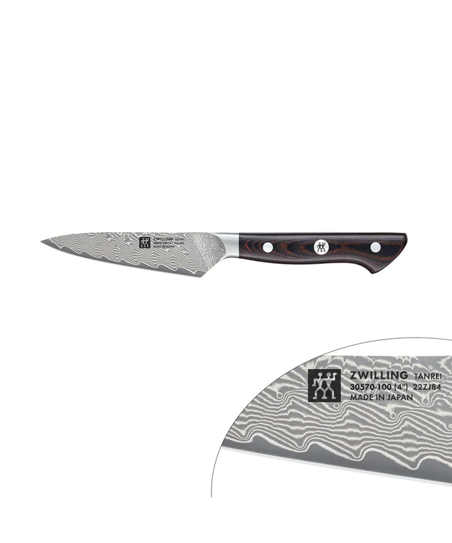 ZWILLING | Tanrei Paring & Garnishing Knife 100 mm – Plain Edge - Damascus 101-Layer - Brown Micarta Handle
