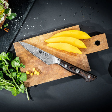 ZWILLING | Tanrei Paring & Garnishing Knife 100 mm – Plain Edge - Damascus 101-Layer - Brown Micarta Handle