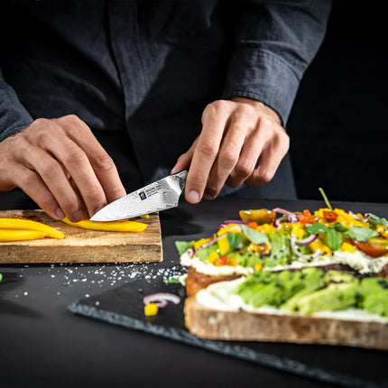 ZWILLING | Tanrei Paring & Garnishing Knife 100 mm – Plain Edge - Damascus 101-Layer - Brown Micarta Handle